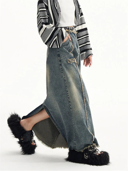 Vintage High Waist Loose Denim Skirts Women Y2k Grunge Streetwear Pockets Chic Long Skirts Female Casual Harajuku Aesthetic