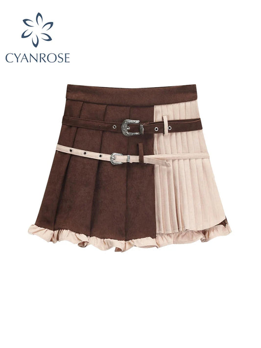 Vintage Y2k Women Pleated Skirt Casual Preppy Style Fashion Harajuku Female Korean High Waist E-girl Patchwork A-line Mini Skirt